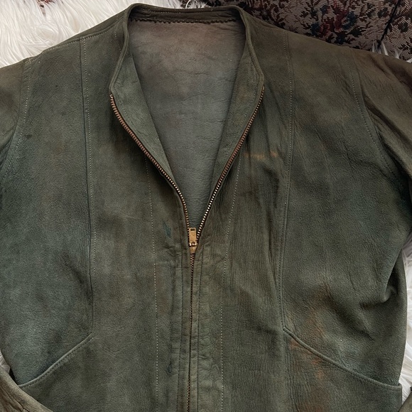 Antique Leather Jacket 1930s 40s Moto Biker Flapper Victorian Cossack XS Green - Picture 5 of 16